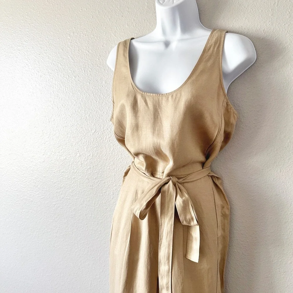 Banana Republic Gold Shimmer Tan Linen Sleeveless Tie Waist Jumpsuit Size Small